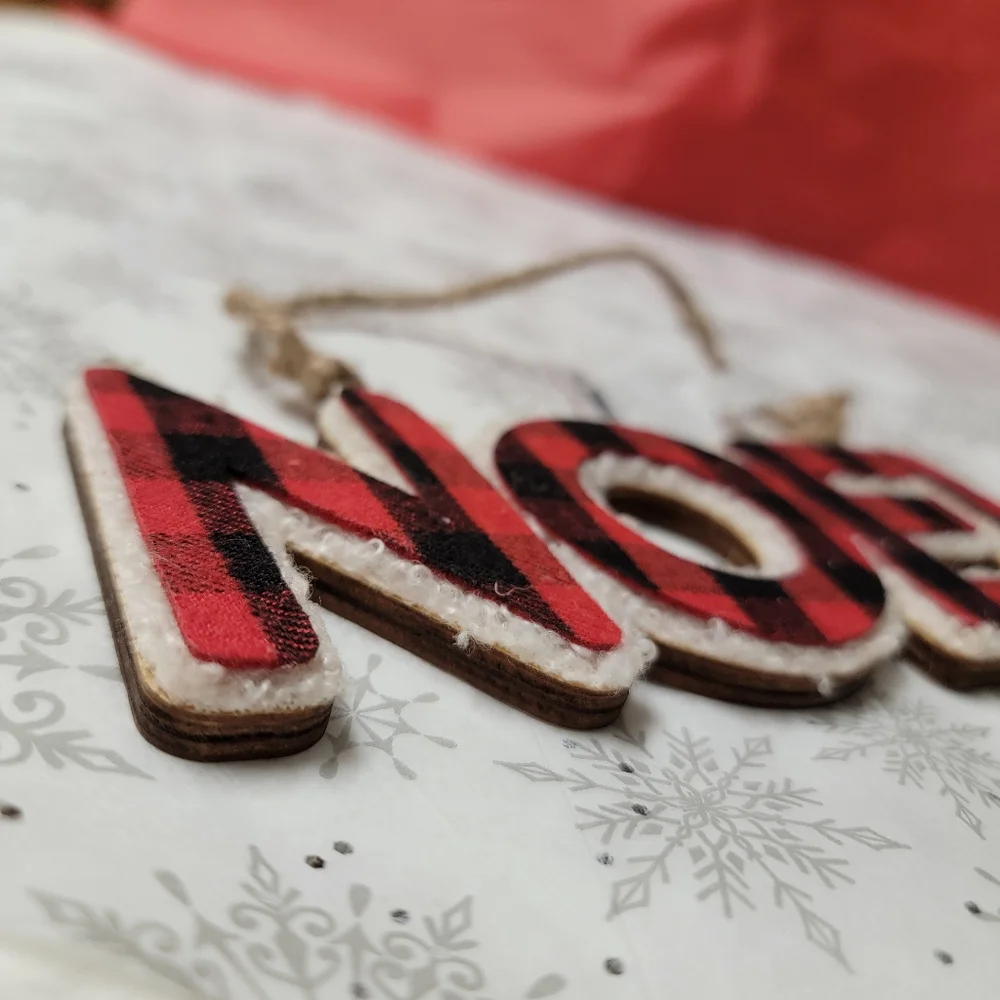 Christmas Tree Ornament Buffalo Plaid NOEL Red and Black Wondershop Wooden